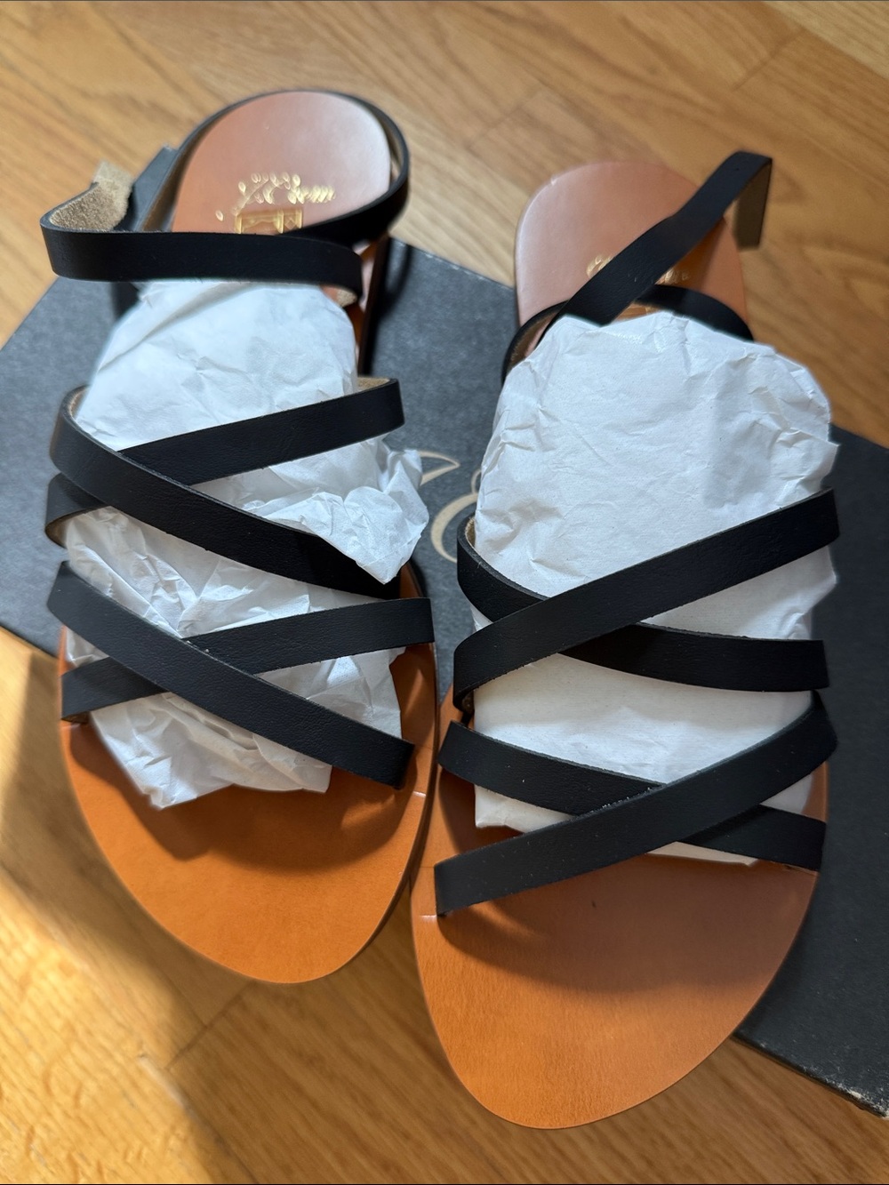 J. Crew Black Strappy Leather Slide Sandals with Tan Footbed